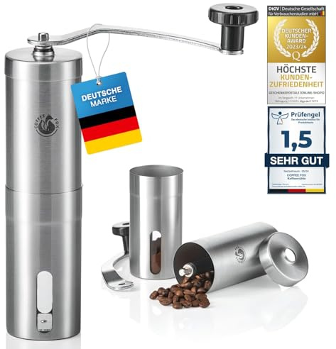 Coffee Fox® Kaffeemühle aus Edelstahl und Keramik Mahlwerk - Manuelle Handkaffeemühle für Zuhause, Reisen, Büro