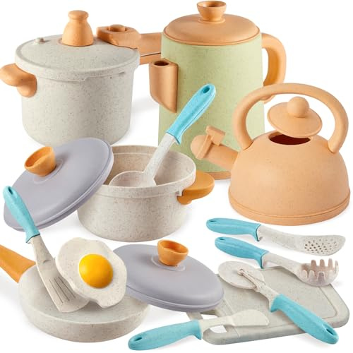 BUYGER Kinderküche Spielküche Zubehör, Töpfe und Pfannen Set mit Kinder Kochgeschirr Kochset, Matschküche Zubehör Outdoor, Rollenspiel Weihnachten Geschenk für Kinder Jungen Mädchen 3 4 5 Jahre