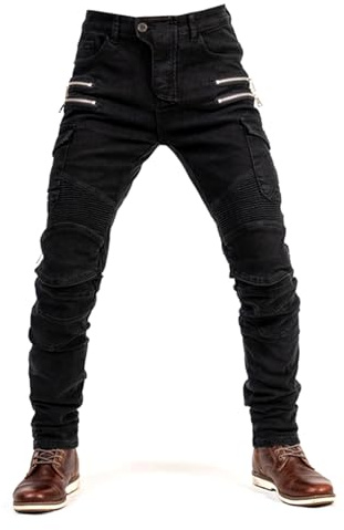 oFzimTo Motorrad-Jeanshose Für Herren, Sturzfeste Jeans Mit Geradem Bein Und 4 Arten Von Schutzausrüstung, Motorradhose Für Motorradrennfahrer (Black,M)