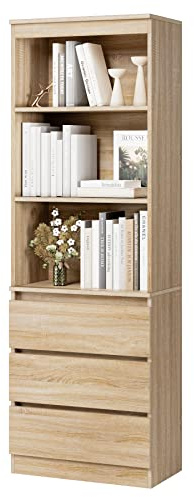 FirFurd Bücherregal mit 3 Schubladen 3 Fächern 180 cm Hochschrank Bücherschrank Vitrinenschrank Mehrzweckschrank für Wohnzimmer Büro Küche 60 x 35 x 180 cm Eiche