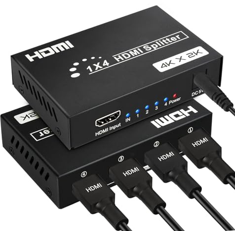 4K HDMI Splitter 1 In 4 Out, Audio Video HDMI Verteiler mit Netzteil Gleichzeitig 4 Monitore, 30M Lang Stabile Übertragung