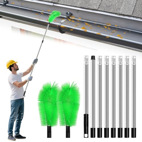 Dachrinnenreinigungsbürste, 310 cm/122 Zoll Dachrinnenreiniger-Waschgerät, Traufenreinigungsbürste mit 8-teiliger Teleskop-Dachrinnenreinigungsstange zum Reinigen von Blättern, Schmutz, Dachrinne