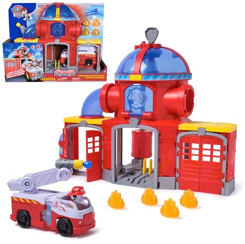 PAW PATROL – Fire Rescue Feuerwehr-Station mit Licht- und Soundeffekten, Wasserkanone, Rutschstange und Startrampe, ca. 38 cm, inkl. Marshall-Figur und Feuerwehrauto, für Kinder ab 3 Jahren