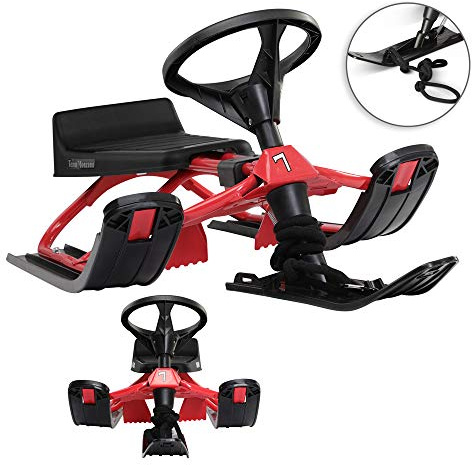 monzana® Lenkschlitten bis 75 kg Bremse Lenkrad Rückenlehne Zugseil Gepolsterter Sitz Schlitten Rodel Kinderschlitten Skibob Kufenschlitten Rot