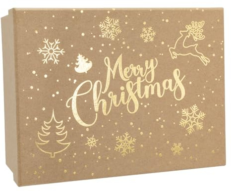 Idena Geschenkbox mit Deckel, Merry Christmas | 20 x 15 cm, Geschenkschachtel für Weihnachten in Braun mit goldenen Motiven, 30487