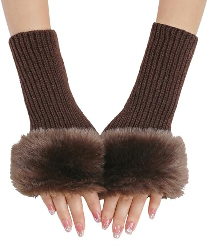 Winter Gestrickte Handschuhe mit Plüsch für Damen Warm Strick Handschuhe Pluswärmer Handstulpen Armwärmer Stulpen für Damen Fingerlose Armstulpen Feinstrick lang Handwärmer Stulpen (Coffee, One Size)