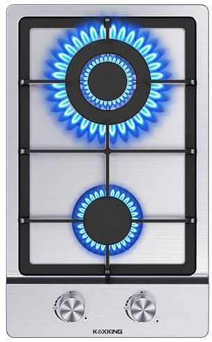 Gaskochfeld 2 Flammig, Edelstahl Einbau-Gaskochfeld, 30cm, 2 Kochzonen (3300W+1750W), Domino Gaskochfeld für Propangas und Erdgas, Geeignet für Alle Töpfe