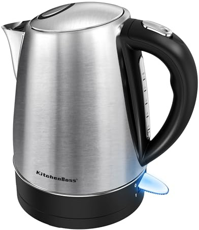 KitchenBoss Wasserkocher Edelstahl 1,7L:Wasserkocher mit Kalkfilter & Sichtbares Fenster & Wasserstandsanzeige, Abschaltautomatik und Trockengehschutz, 2100W