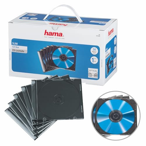 Hama CD Leerhüllen Schutzhülle, 50er Pack, Slim Line, Höhe 5mm | CD-Hüllen transparent-schwarz