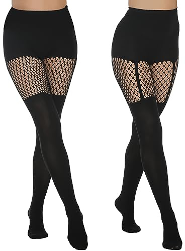 MANZI Overknee Strumpfhose Damen Schwarz Blickdichte Muster Gothic Kleidung | Gothic Strumpfhosen Damen,Overknees Strümpfe für Techno Outfit Damen,Festival Rock,2 Paar