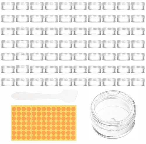 71 Stück 5 ml Döschen mit Deckel transparent Kosmetikdosen Set | Auslaufsicher, wiederverwendbar, transparent; tragbar; für Creme/Proben/Reisen; inkl. Schaber & Etiketten