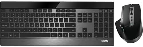 Rapoo 9900M Tastatur Maus Set Kabellos - Bluetooth & 2.4G USB Wireless, Multi Device bis 4 Geräte, Aluminium Gehäuse flach, Akku wiederaufladbar, Daumenscrollrad, QWERTZ Layout Deutsch, schwarz