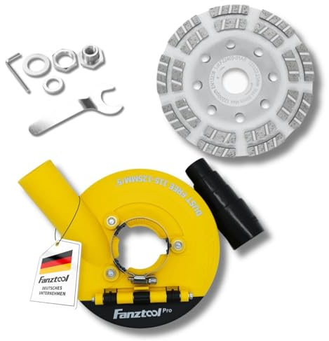 FANZTOOL 3.Generation Absaughaube für Winkelschleifer inkl. 125 mm Diamantschleiftopf PROFI QUALITÄT – Bürsten Auswechselbar – 99% Universal passend – Verstärkter Adapterring – M14 Adapter