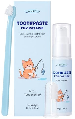 Oivolii Katzen Zahnpasta Fluoridfrei mit Thunfischgeschmack (30g) und 2 Zahnbürsten | Katzen Zahnpflege Set | Sanfte Formel, frischer Atem und gut für die Zähne