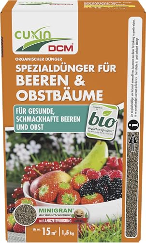 CUXIN DCM Spezialdünger für Beeren & Obstbäume - Beerendünger - Mit MINIGRAN® TECHNOLOGY - Beeren Langzeitdünger - Obstbaum - Heidelbeeren - Erdbeer - Bio Dünger - organischer NPK-Dünger - 1,5 KG