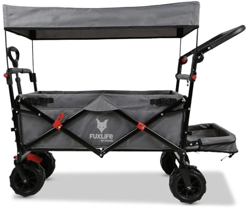 FUXLIFE Strand-Bollerwagen FX-CTB800 Grau • Faltbarer Tansportwagen für Strand & Freizeit • Gepolsterter Innenraum • Sonnendach • Offroad-Räder für Sand & Gelände • Stabil & klappbar