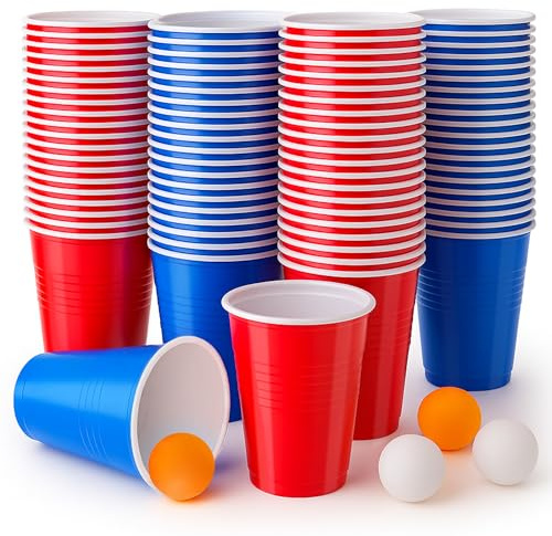 Coco Berming Rote Blaue Mehrwegbecher Set 100 Stück, 500ml Partybecher und 10 Tischtennisbälle, Getränkebecher für Party, Camping, Geburtstag, Hochzeit, Festivals