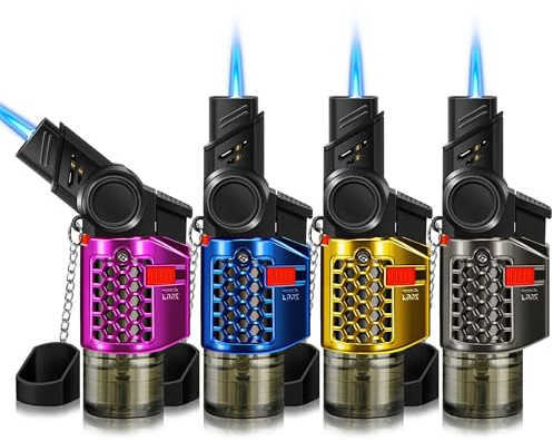 WANBRO 4 Stück Jet Feuerzeug, 30° & 45° Drehbar Winddicht Jetflamme mit Sicherheitsschloss, Butangas Nachfüllbar, Mini Feuerzeuge für Kerze, Grillen, Feuerwerk (Kein Gas)