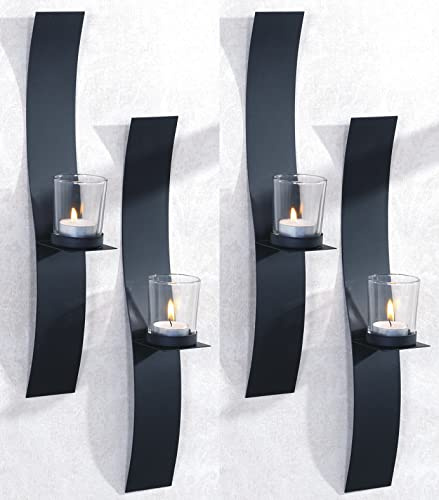 Novaliv 4X Wandkerzenhalter Vintage Metall mit Glas 6 x 39,5 x 6 cm Schwarz Kerzenhalter Wand Teelichterhalter Deko Wohnzimmer Dekoration Wanddeko Vintage Deko Teelicht Wandhalter