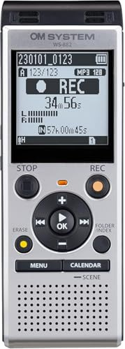 OM SYSTEM WS-882 hochwertiger digitaler Voice Recorder mit Stereomikrofonen, 6 Aufnahmemodi, Direkt-USB, eingebautem Ständer, 4 GB interner Speicher, Silber