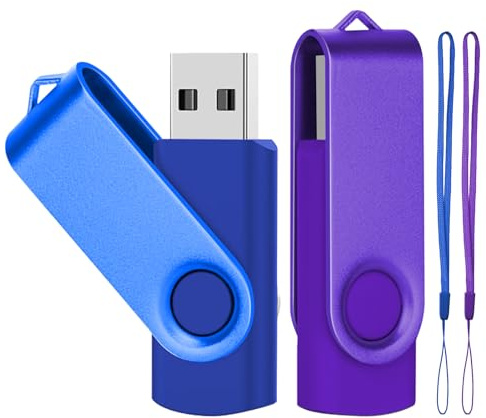 DAUZZOX 2 Stück USB Sticks 64 GB High Speed USB 2.0 Speicherstick | Memory Stick 360 Grad Flash Drive Rotate mit Plug-and-Play Backup, 2 Lanyards (Blau Lila 64 GB*2, 64GB)