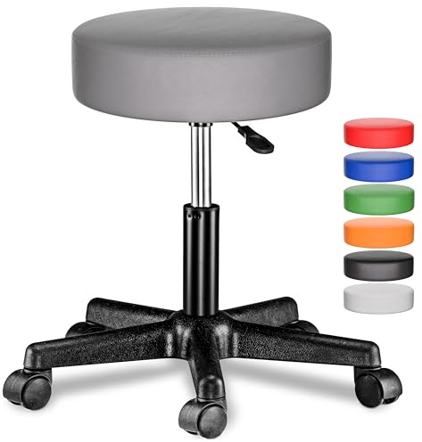 Casaria® Rollhocker Höhenverstellbar 10cm Polsterung 46-60 cm Sitzhöhe 360° Drehbar Ø 35cm Rund Rollen Bürohocker Drehhocker Arbeitshocker Hocker Grau