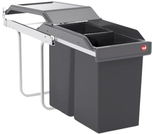 Hailo Abfallsammler Tandem 3650101 | 2fach Einbau-Mülleimer incl. 50 Müllbeutel | für Schränke ab 300 mm Breite | Bequemer Handauszug auf Rollenführung | Silber und Kunststoff Anthrazit