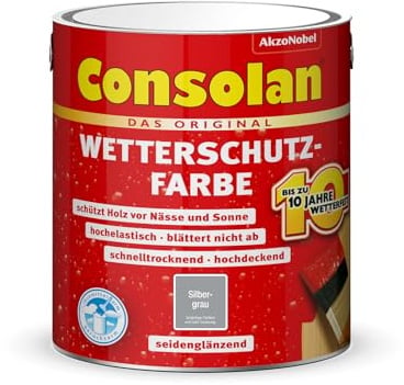 Consolan Wetterschutz-Farbe, Deckender Holzschutz für Außen, Silbergrau, 2,5L
