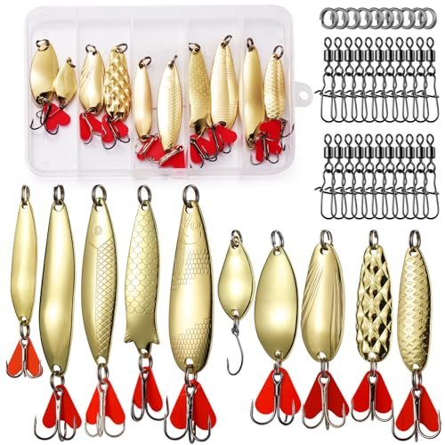 Realure 10 Stück Blinker Angelköder Set mit Angelwirbel Karabiner, Forellen Blinker Angeln Silber Gold Metall 5g 8g, für Salzwasser & Süßwasser, Barsch, Hecht Köder, Blinker Set