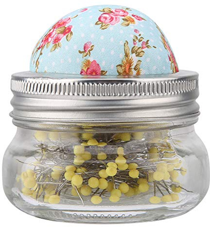 Nadelkissen aus Baumwollgewebe mit runder Perle und Glasflasche für Großkopfnadeln, DIY Nähzubehör Set als Geschenk für Handarbeit und Nähen