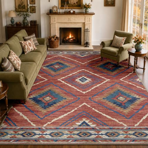 DEFYNEE Teppich Wohnzimmer 240 x 300 cm, Waschbar Teppiche Groß, Rot-Orange | Vintage Wohnzimmerteppich, Waschbar, OEKO, Retro, Rutschfest Kurzflor Weich für Schlafzimmer, Esszimmer, Küche, Büro