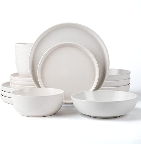 Arora Skugga 466077 Geschirr-Set aus Steingut für 4 Personen, rund, zwei Schüsseln, Speise- und Beilagenteller, Müslischalen und Pastaschalen, 16-teilig, mattes Weiß