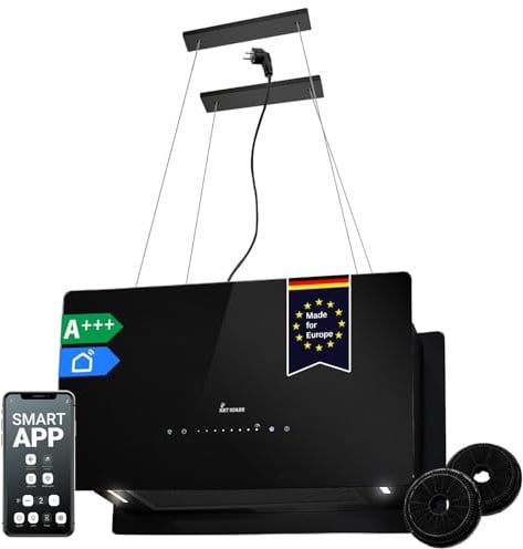 KKT KOLBE A+++ Dunstabzugshaube 60 cm 684 cbm/h Umluft | 9 Stufen | Smart WLAN WiFi App | Inselhaube freihängend | Deckenmontage | Schwarz | Glas | LED-Beleuchtung | Nachlaufautomatik | CUBE60FB