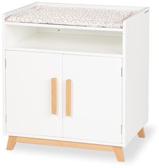 PINOLINO Puppenwickeltisch Marit, Puppenmöbel aus Holz, skandinavisch, weiß und klar lackiert, inkl. Wickelauflage, 2 Türen, 1 Fach, für Kinder ab 2 Jahren, 52x40x59 cm