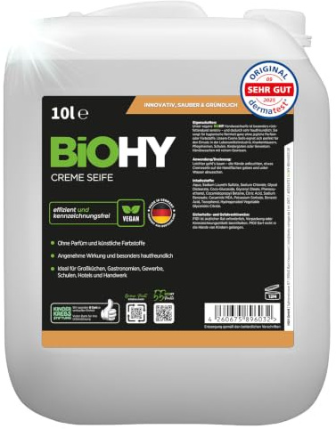 BiOHY Cremeseife Nachfüllpack Handseife rückfettend (10 Liter Kanister) | Hautschonend, pflegend und geruchsneutral, mit pflanzlichen Inhaltsstoffen, für Seifenspender in Haushalt und Gastronomie
