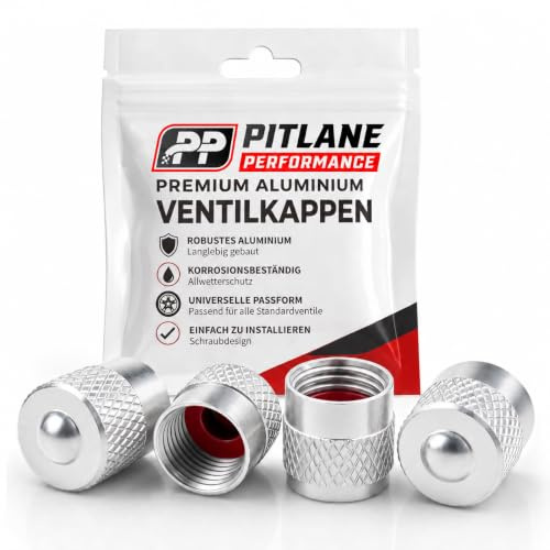 Pitlane Performance® Alu Ventilkappen 4 Stück Ventildeckel; Aluminium Auto-Reifen Schrader-Ventil; Ventilabdeckung Reifenventil-Kappen PKW SUV Motorrad Fahrrad (Silber, Racing)