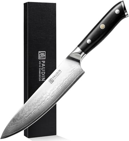 PAUDIN Damastmesser Kochmesser 20cm profi messer | Japanisches Küchenmesser mit 67 Lagen Damaszenerstahl, kohlenstoffreichem 10Cr15MoV Stahlkern, ergonomischem G10-Griff