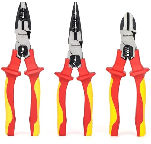 FOURROBBER 3 tlg VDE 60CrV Isolierter Zangen Set, Universal Kombizange,Spitzzange und Seitenschneider, mit isolierten Griffen,VDE-geprüft 1000V