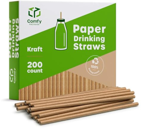 Comfy Package [200 Stück] Kraft-Papierstrohhalme, 100% biologisch abbaubar & tintenfrei – Strohhalme zum Trinken und für Bastelarbeiten.