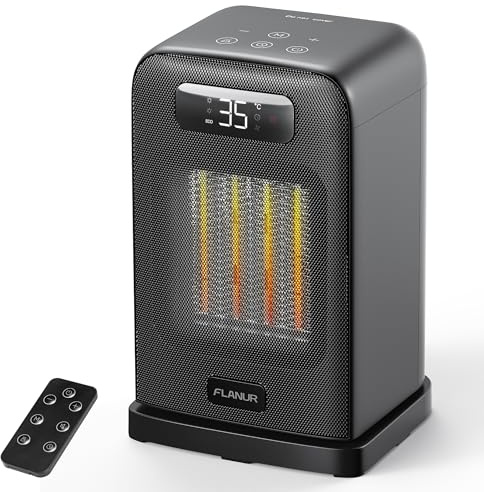 FLANUR Heizlüfter Energiesparend, 1500W PTC Keramik Heizlüfter mit Thermostat & Fernbedienung, ECO Modus, 12-Std.-Timer, Überhitzungs-Kippschut, 35dB leiser Elektroheizung, 26cm, Schwarz