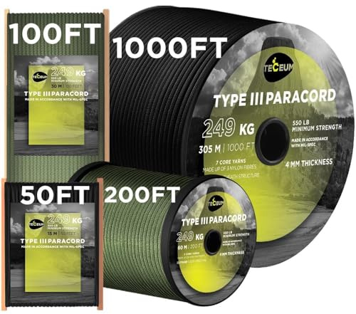 TECEUM Paracord Type III 550 Schwarz (Black) – 30 m – 4mm – Taktisches Seil – Outdoor-Paracord – Für Camping & Wandern – EDC-Fallschirmseil – Robustes Überlebensseil (100 ft) 016