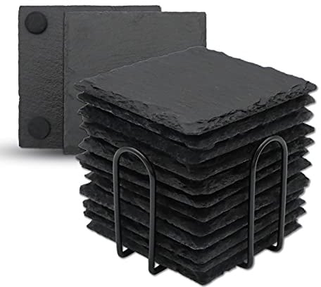 Getränkeuntersetzer mit Halter, VIBRATITE 10,2 cm schwarzer Schieferstein mit kratzfester Unterseite für Bar, Küche, Heimdekoration, quadratisch, 12 Stück
