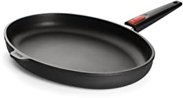 Woll Nowo Titanium Guss-Fischpfanne, oval - Induktiv -, 38 x 28.4 cm, 5 cm hoch, mit abnehmbarem Stiel - Geeignet für alle Herdarten, Aluminiumguss, Antihaft-Versiegelung, backofenfest, schwarz