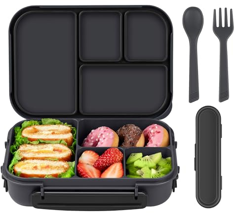 Amathley Brotdose Kinder mit FäChern,Bento Box Kinder,Brotdose Erwachsene,1200ml Lunchbox mit 4 FäChern und Besteck,Mikrowellen und SpüLmaschinenfest,BPA-Frei und Wiederverwendbar (Dunkelgrau)