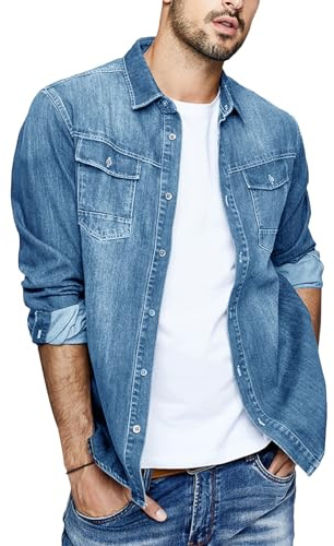 Runcati Herren Jeanshemd Langarm Denim Shirt Regular Fit Baumwolle Western Freizeithemd Leicht Übergangsjacke Hellblau XL