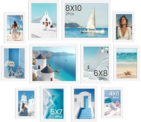 12er Bilderrahmen Set verschiedene Größen, Bilderwand Collage zum Aufstellen & Aufhängen, Fotorahmen aus Leichtem Kunststoff mit Acrylglas, Fotocollage for Wall 10x15, 13x18, 15x20 & 20x25 cm, Weiß