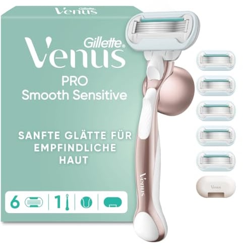 Gillette Venus Pro Smooth Sensitive Rasierer Damen, Metall, Rosegold | Damenrasierer für Empfindliche Haut, Inkl 6 Rasierklingen für Nassrasierer, Metallhandstück, Duschhalterung, Reiseschutzkappe