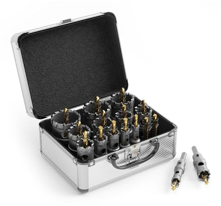 CSOOM Upgrade Hochleistungs-Hartmetall-Lochsäge 14 stück,TCT Lochschneider, mit 2 * Extra Titan-beschichtete Pilot-Center-Bohrer und 2 * L-Schlüssel.Edelstahl und Metallgitter sind die ideale Wahl