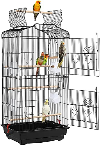 Yaheetech Vogelkäfig Vogelbauer Vogelvoliere Vogelhaus mit 4 Sitzstangen 46 x 36 x 92cm, Schwarz