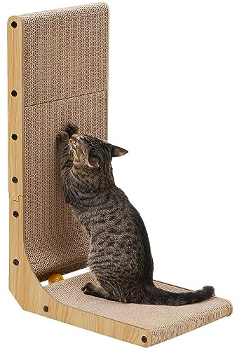 FUKUMARU Kratzbrett Katzen, 68 cm hohe L förmige Kratzpappe für Katzen, widerstandsfähig Katzenkratzbrett mit Ballspielzeug, Kratzmöbel aus hochwertiger Karton für Wand und Ecke, Groß